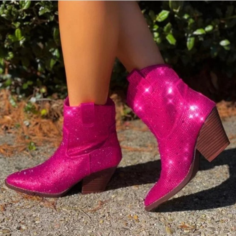 Women Fuchsia Hot Pink Rhinestone Cowboy Western Ankle Short Boots Booties